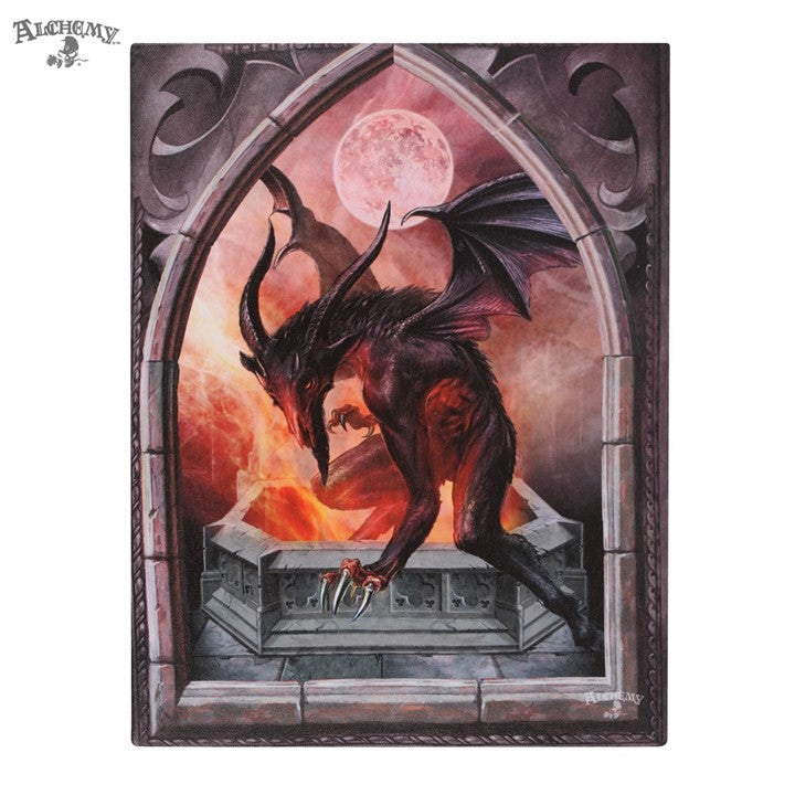 A canvas print of a black beast, resembling a humanoid dragon, staring menacingly at the viewer in front of a fire-filled archway, his back towards the blood-red moon.