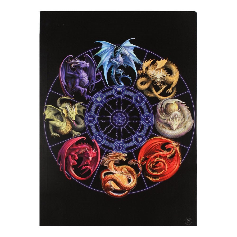 A canvas print of a Dharma wheel surrounding eight sleeping dragons, each of different colours.