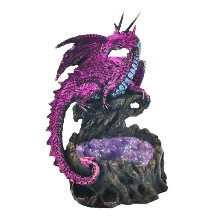 A statue of a purple dragon standing on a craggy outcrop, jealously guarding its gem pool.