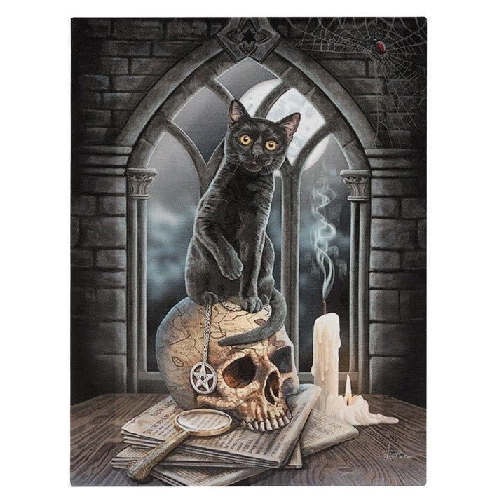 A canvas print of a black cat sitting attentively on a human skull, holding in one paw a pendant. On the table below the skull rests a pile of papers, with a magnifying glass laid beside.