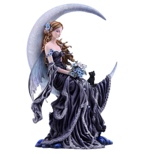 A statuette of a beautiful fairy with long brown hair and blue dragonfly wings, wearing blue flowers in her hair and a long blue dress and holding a bouquet of blue flowers, resting sleepily in the curve of the crescent moon, a black kitten by her side.