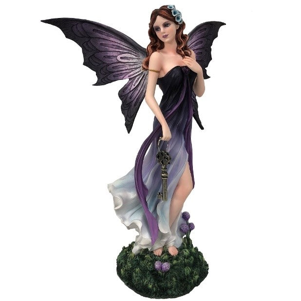 A statue of a beautiful raven-haired angel with purple butterfly wings and a long flowing pastel purple dress gesturing to herself as if beckoning the viewer to come closer. In her right hand, she holds a black key.