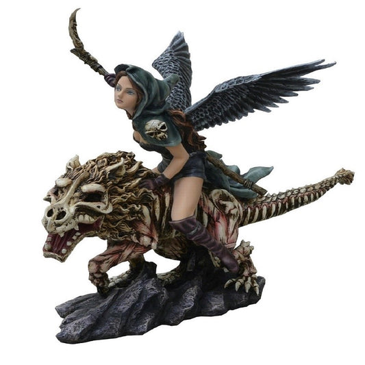  A statuette of a Viking warrior with black vulture wings wearing a grey hoodie with a skull shoulder patch and a grey skirt rides a snarling skinless hog-like beast with skull and sinew fully visible.