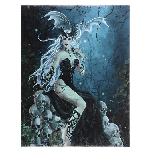 A canvas print of an evil queen, pale skinned and with long white hair, wearing a black leather leotard and sitting on a throne of skulls.