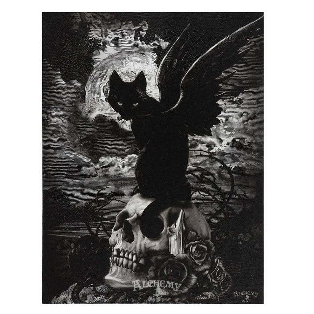 A canvas print of a black cat with bat wings, staring menacingly at the camera before a midnight dreary.