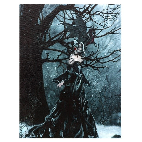 A canvas print of an evil queen with large antlers and a flowing black dress walking slowly through the woods.