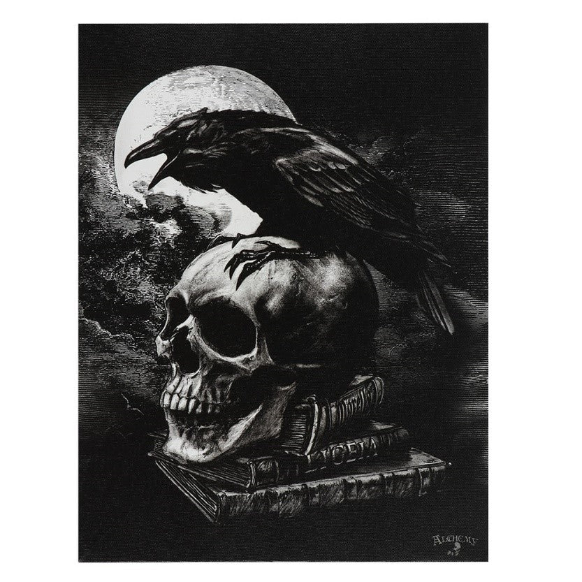 A canvas print of a raven perched atop a human skull, seemingly cawing at the rising full moon.