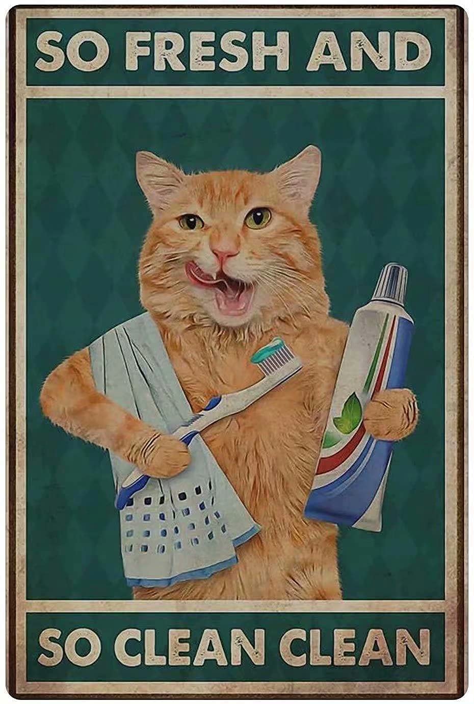 A metal sign depicting a ginger tabby standing upright, liking the side of his face. He holds in one hand a tube of toothpaste and in the other a toothbrush with a blob of toothpaste on the bristles, and slung over his shoulder is a facecloth. The caption, above and below the image, reads “So Fresh and / So Clean Clean”.